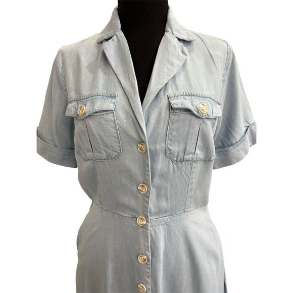 Lulu’s Blue Chambray Collared Midi Dress With Pockets Size M - Picture 7 of 8